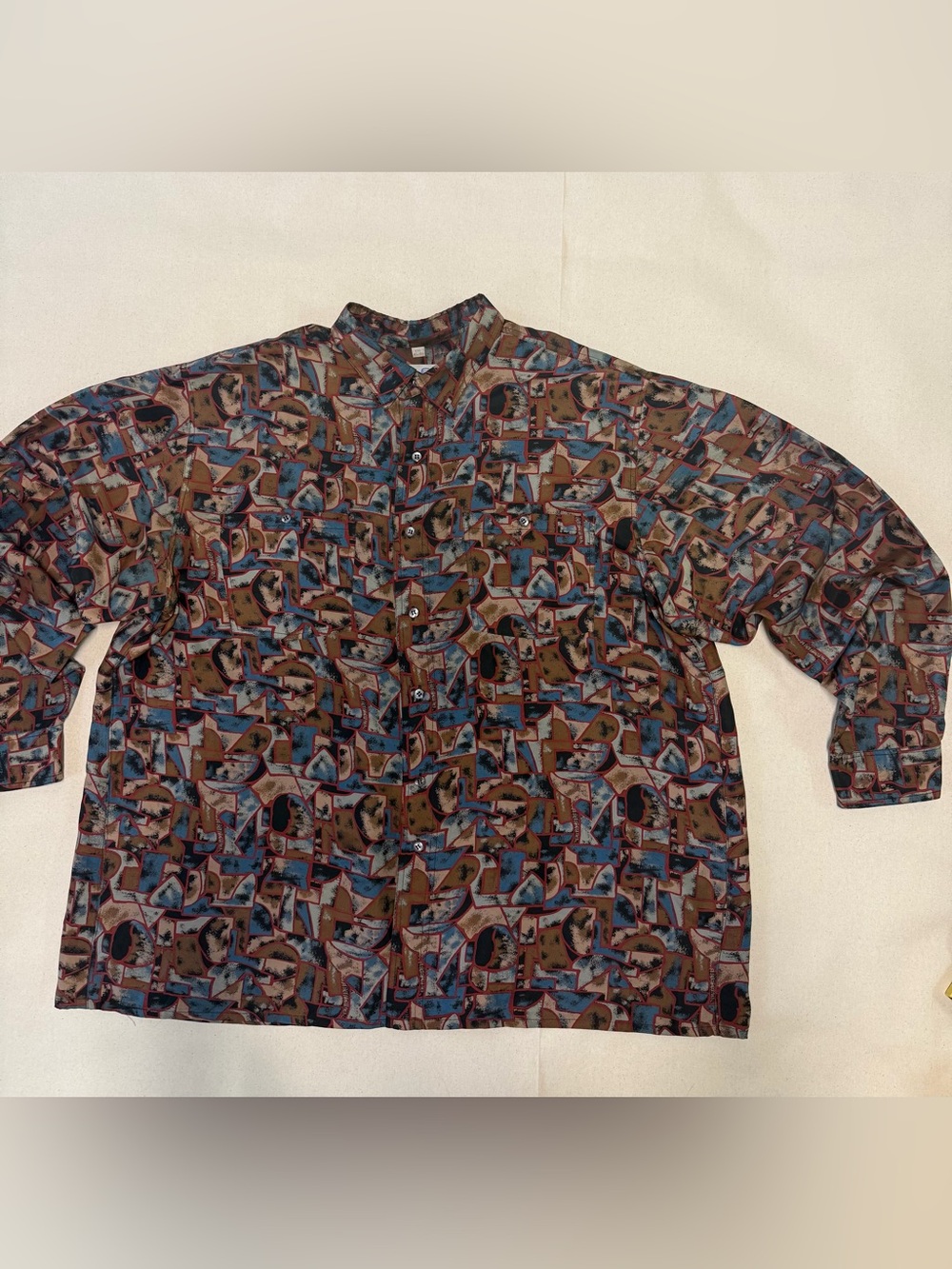 Vintage 80s SILK abstract pattern long-sleeve button-down shirt XXL